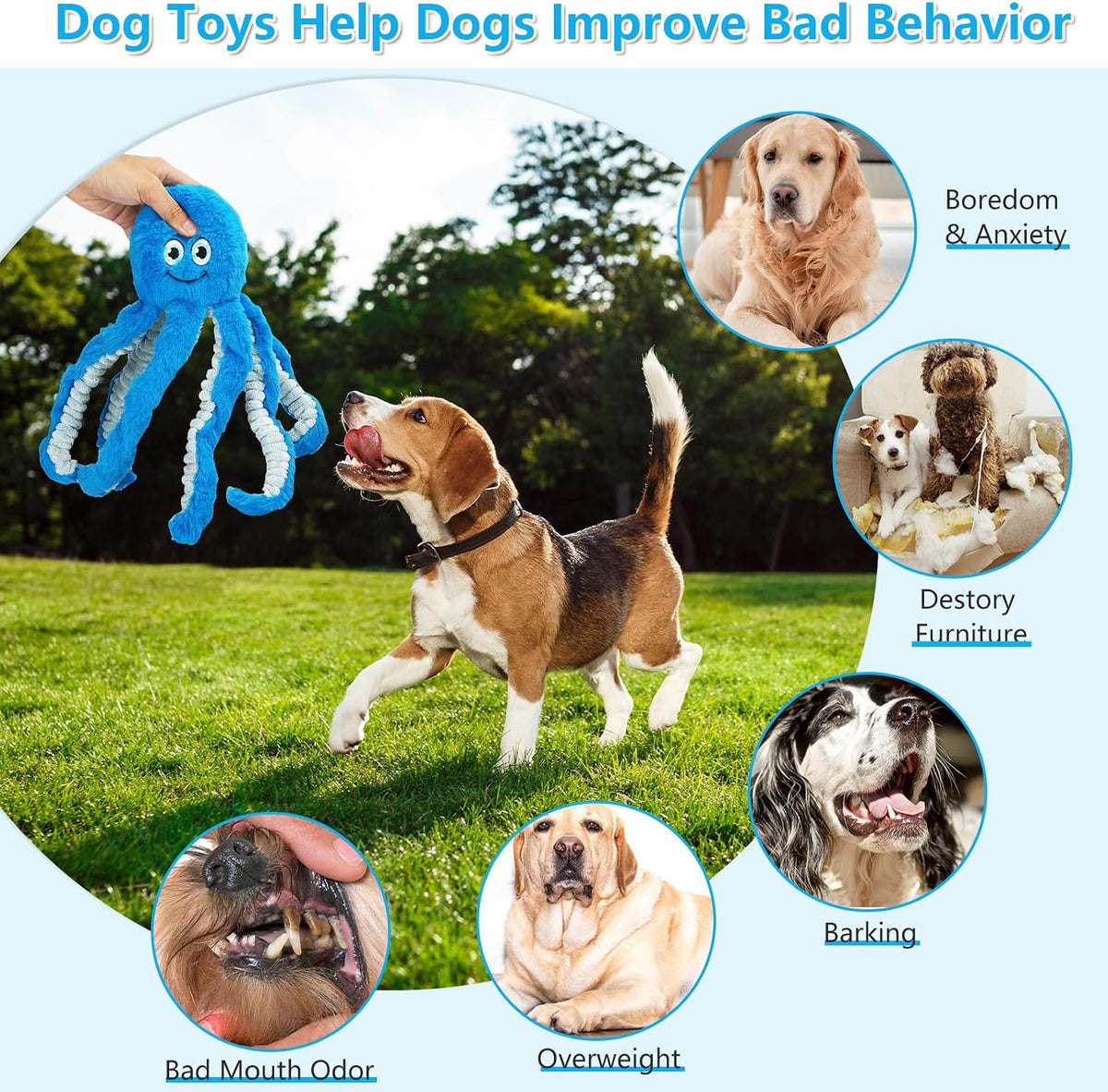 5 Pack No Stuffing Squeaky Dog Toys for Large Dogs - Blue / Octopus - image 4