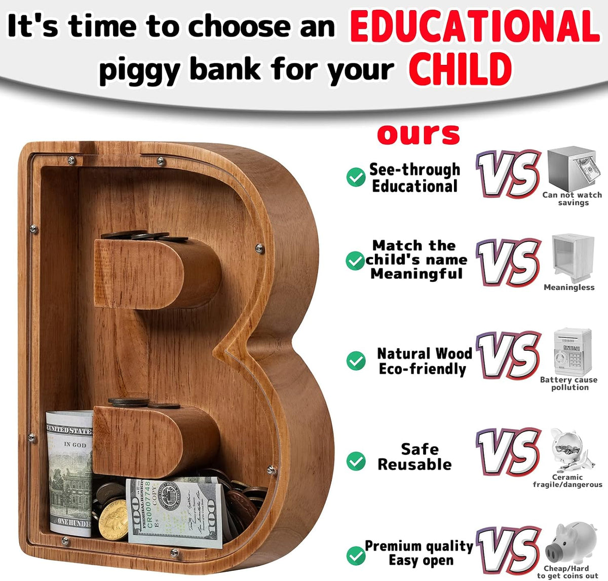 Ladenk Wooden Letter Piggy Bank - B / Initial-9" - image 3