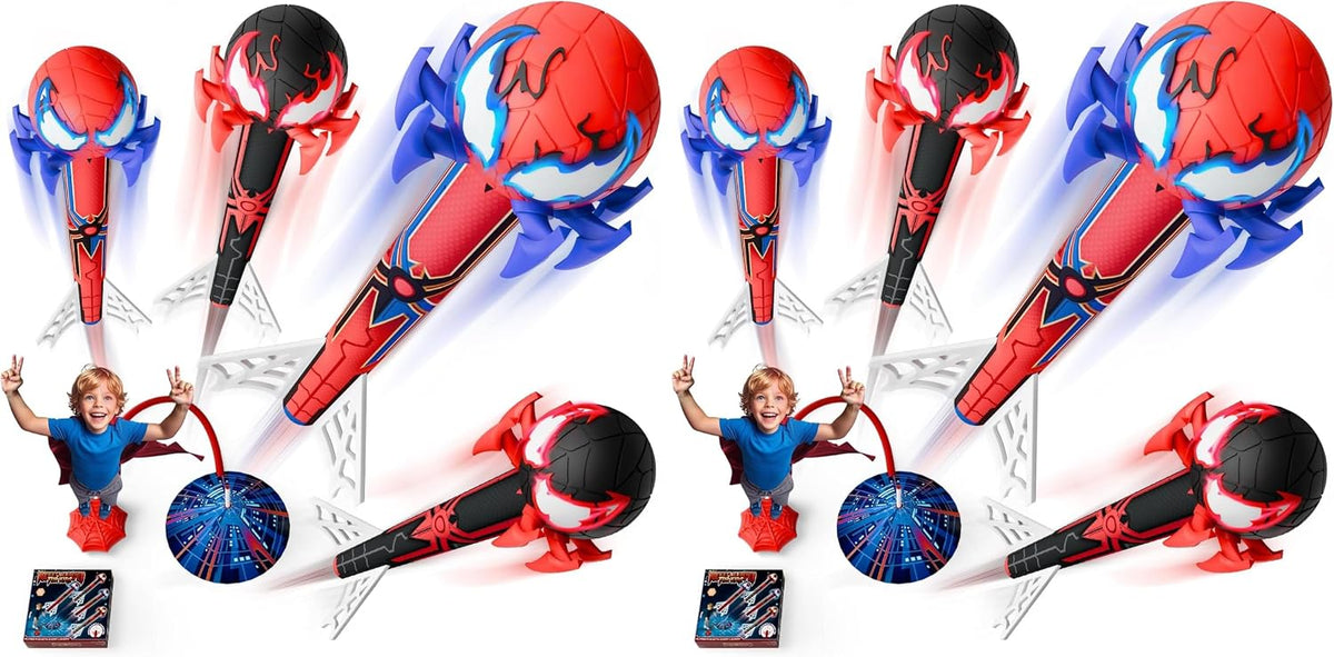 Spider Rocket Launcher for Kids, 4 Rockets with Web Air Pump - Child-sized (Pack of 2)