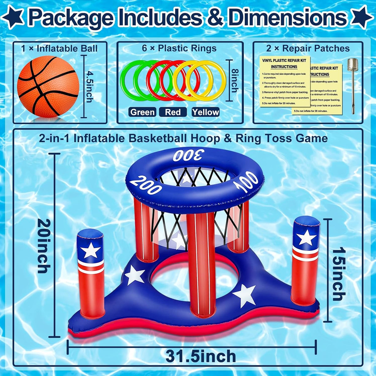 Amenon American flag floating pool basketball hoop and ring toss set in red, white and blue - view 2