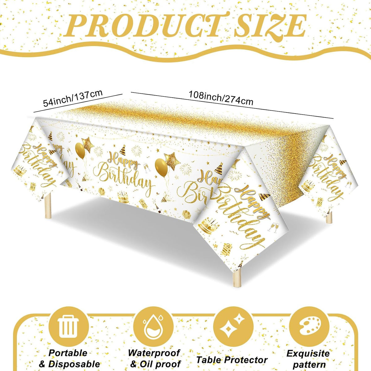 Tudomro 3 Pcs Plastic Happy Birthday Party Tablecloths - White Gold / 3 - image 3