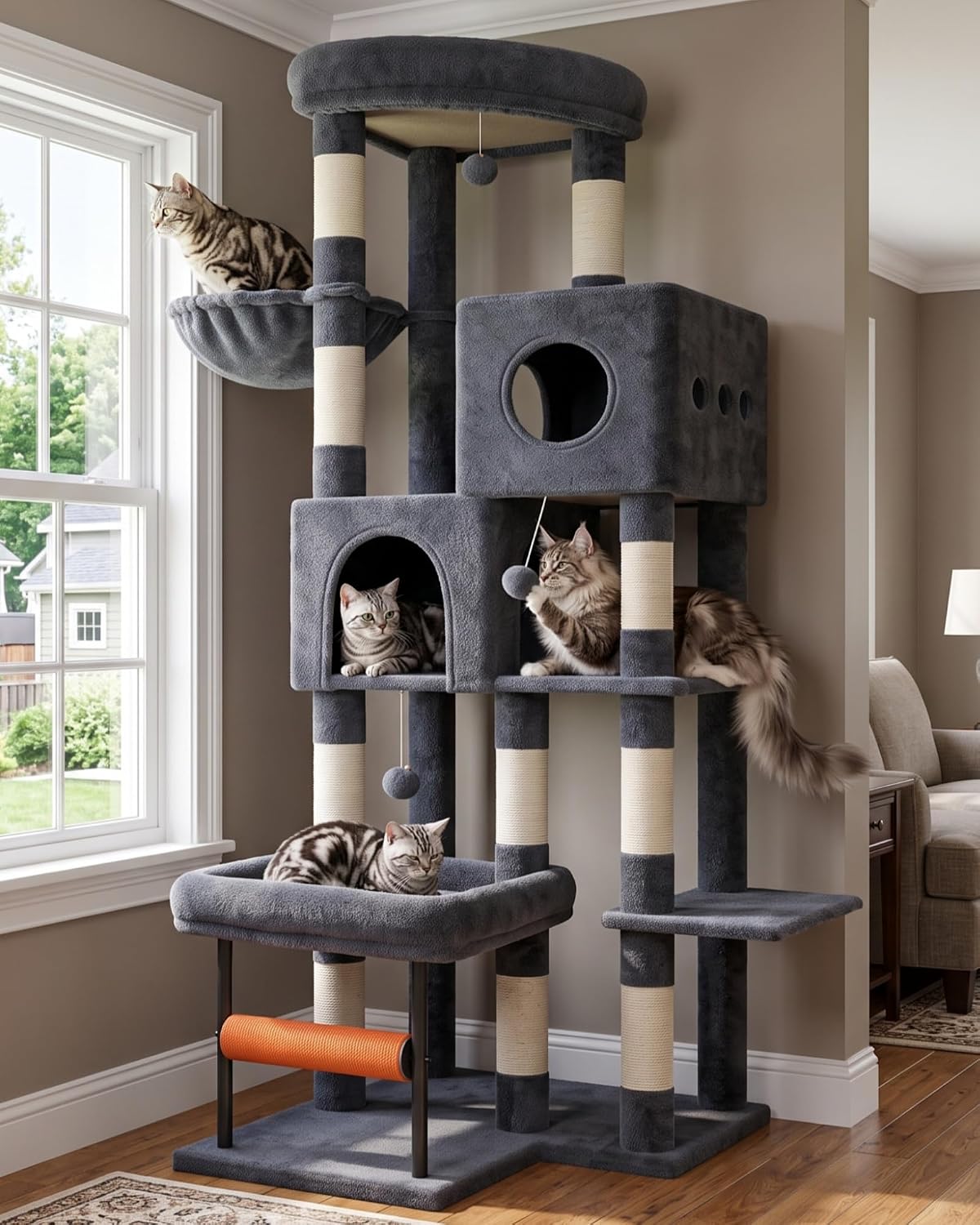 Hey-brother Cat Tree, Sturdy Tower with Sisal-Wrapped Columns - 68.5 inches / Smoky Gray
