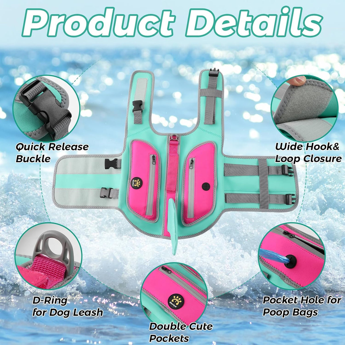 Dog Life Vests for Boating and Swimming, Dog Life Jacket – Essentials for Dogs - Turquoise / Small - image 3