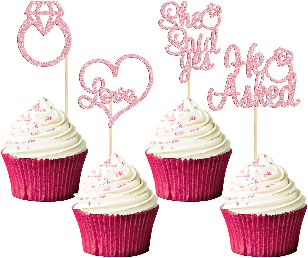 Gyufise He Asked She Said Yes Cupcake Toppers Gold Glitter Diamond - Pink