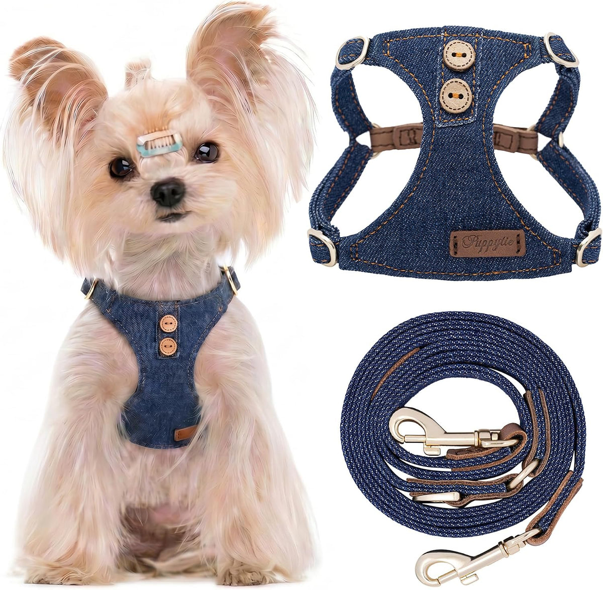 Puppytie XS Dog Harness and Leash Set, Denim Brown, XS – Essentials for Dogs - Button-Denim Blue / XS(4.5-11lb)