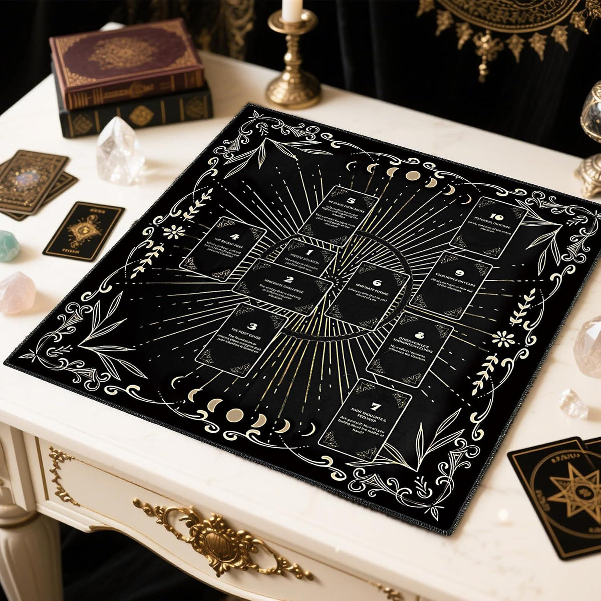 Knana white velvet tarot cloth with Celtic cross and moon design - view 4