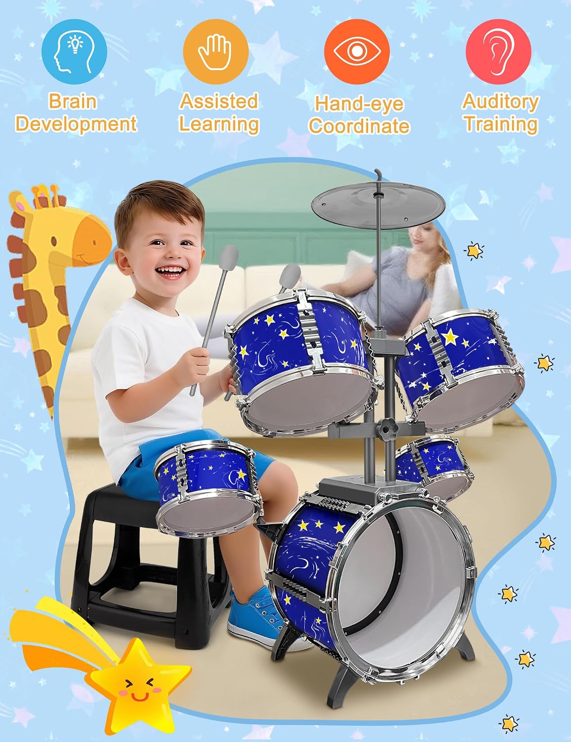CHADRIGIVS kids drum set with bass drum pedal, cymbal, drumsticks and four-legged stool - view 3