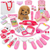 33PCS Toy Doctor Kit for Girls - Pink with Dog Toy