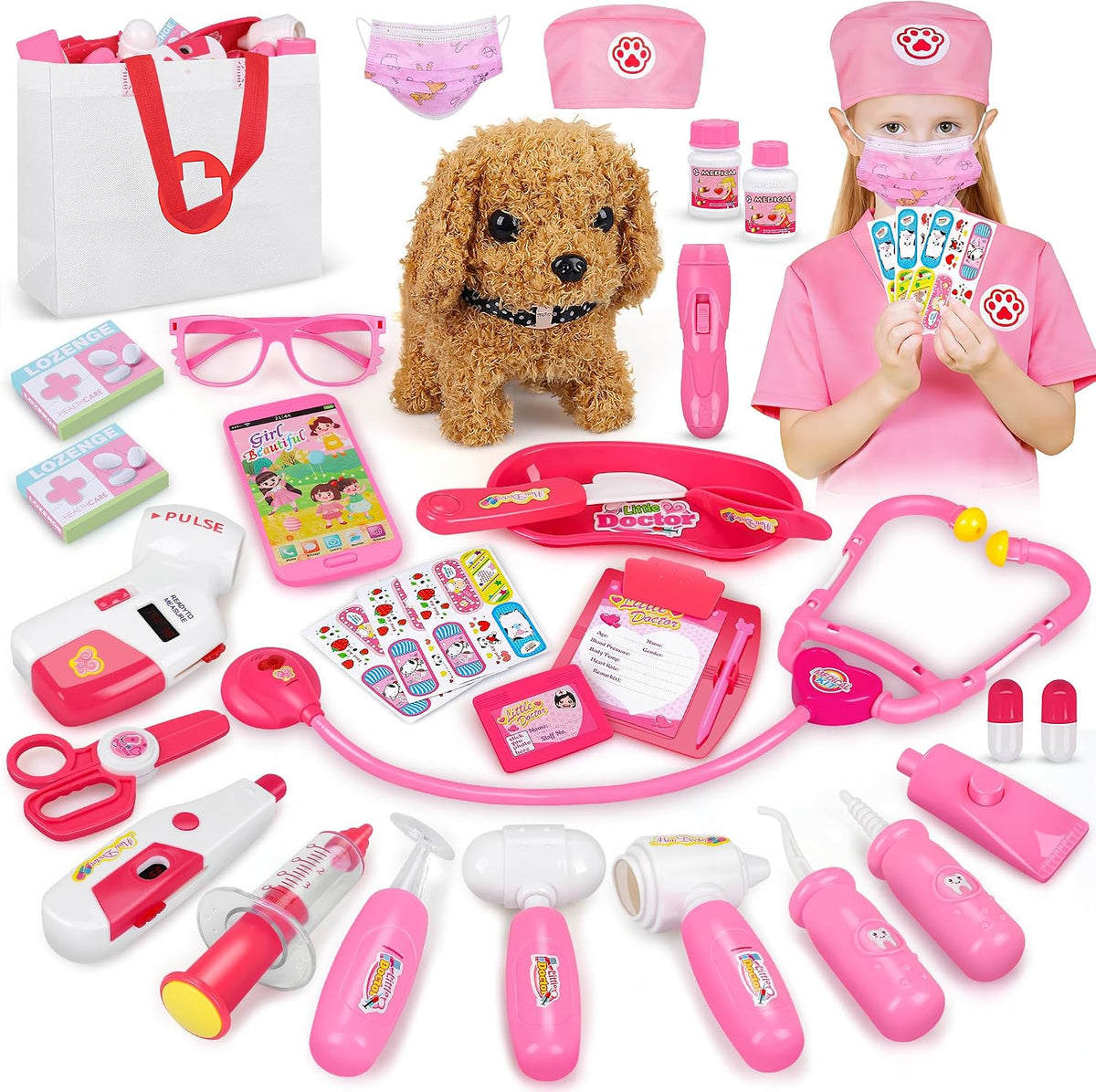 33PCS Toy Doctor Kit for Girls - Pink with Dog Toy