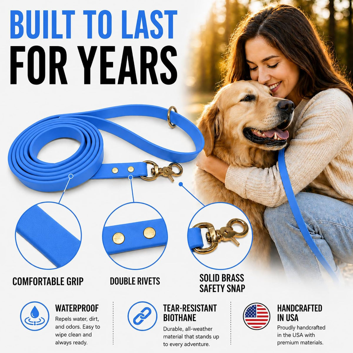 Biothane Leash, Brass, 6 ft x 5/8, Black – Essentials for Dogs - 1/2 / Light Blue - image 4