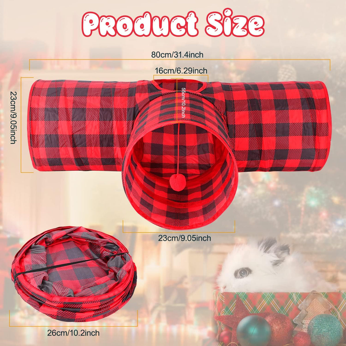 Bunny Tunnels & Tubes, 3-Way Collapsible Rabbit Hideout for Bunnies – Essentials for Small Pets - Plaid - image 3