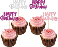 Gyufise 24Pcs Happy Birthday Cupcake Toppers Gold Glitter Celebrating - Purple Pink Silver