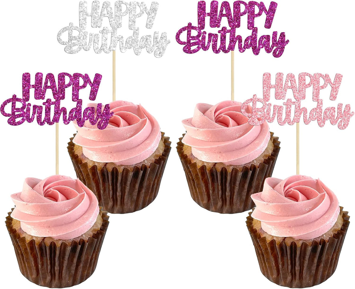 Gyufise 24Pcs Happy Birthday Cupcake Toppers Gold Glitter Celebrating - Purple Pink Silver