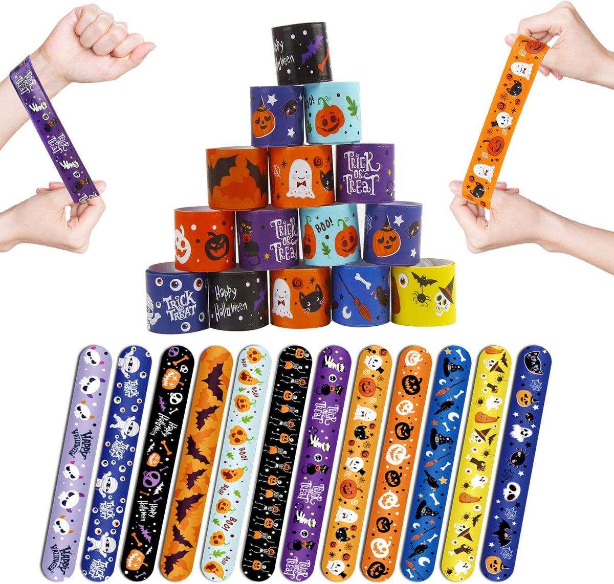 CCINEE Halloween slap bracelets, 48 pack with pumpkin, bat, skull and ghost designs - view 2