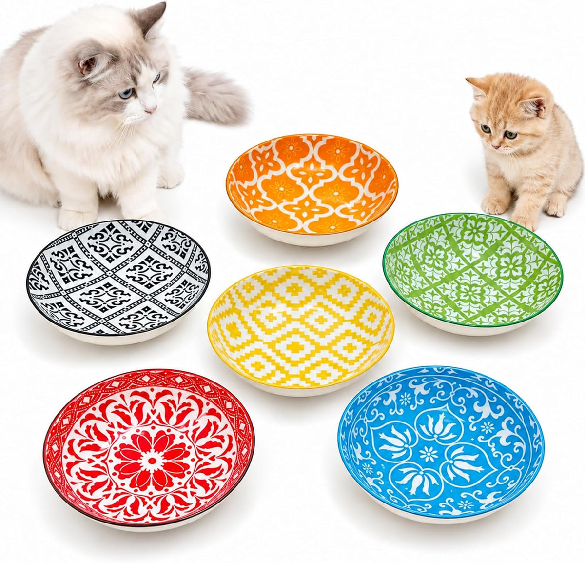 Ceramic Cat Food Bowls 6 Pack - Floral 2 - No Pads