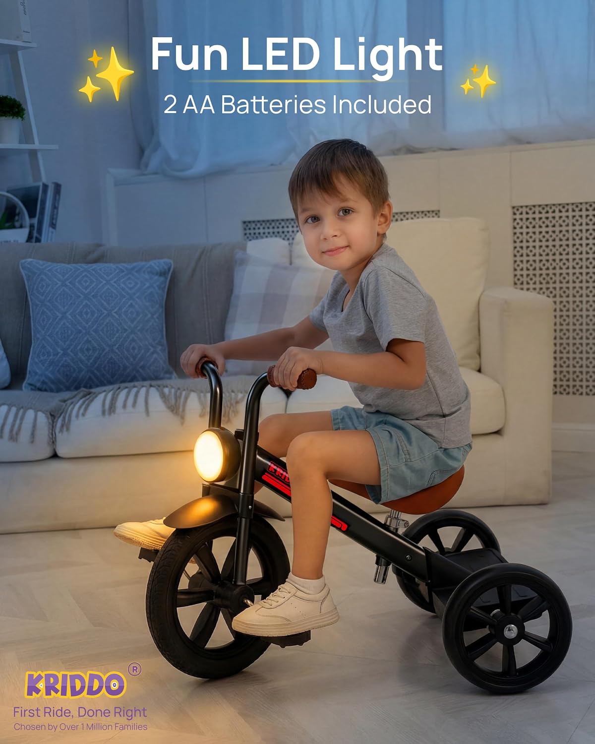 KRIDDO Tricycle for Toddlers 2-5 Years: Rubber Front Wheel - Black - image 4