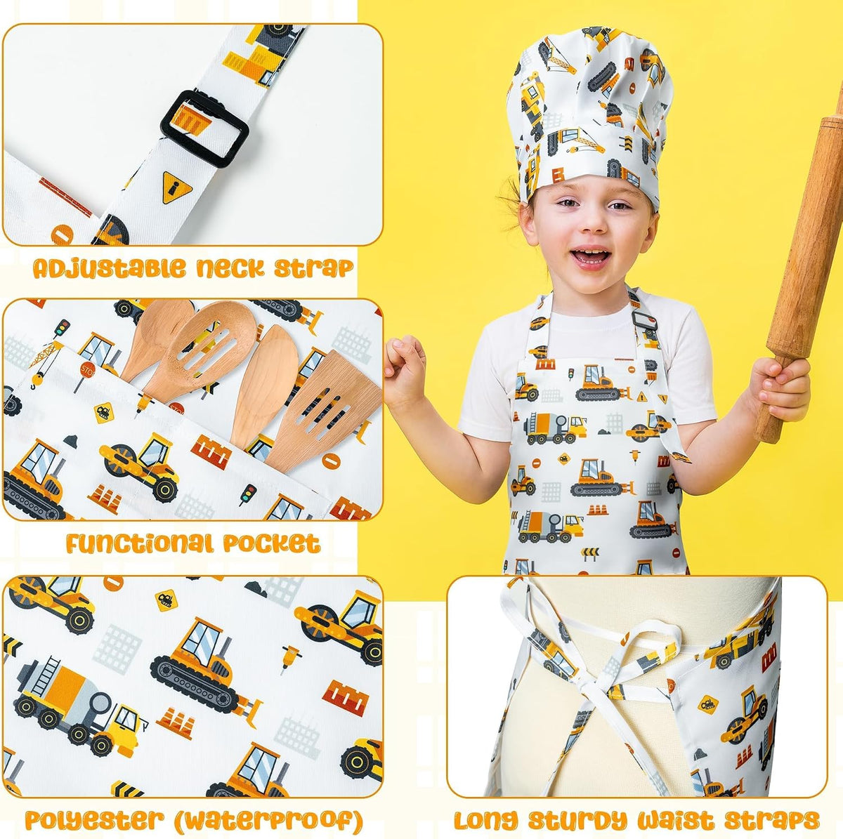 4Pcs Kids Apron and Chef Hat Set Gift for Girls Boys - Construction Vehicle & Dinosaur - image 3