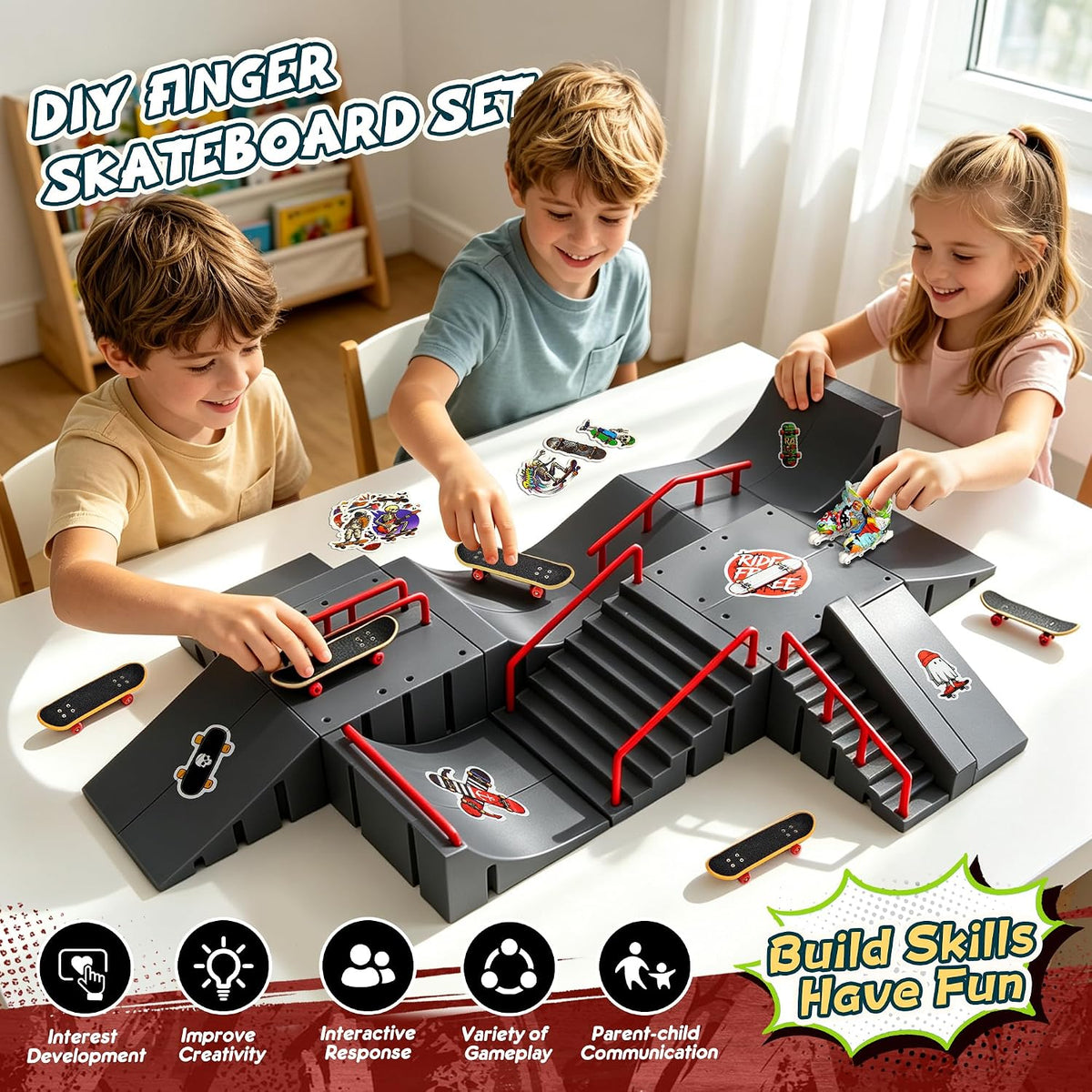 RNGODO 14-in-1 fingerboard skatepark set with ramps, rails, 8 finger skateboards and finger bike - view 10