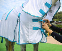Horse Fly Sheet with Detachable Neck Cover & Belly Wrap, Adjustable Fly Sheet for Horses, Ventilated Airflow Mesh Equine Cooling Summer Flysheet White 69