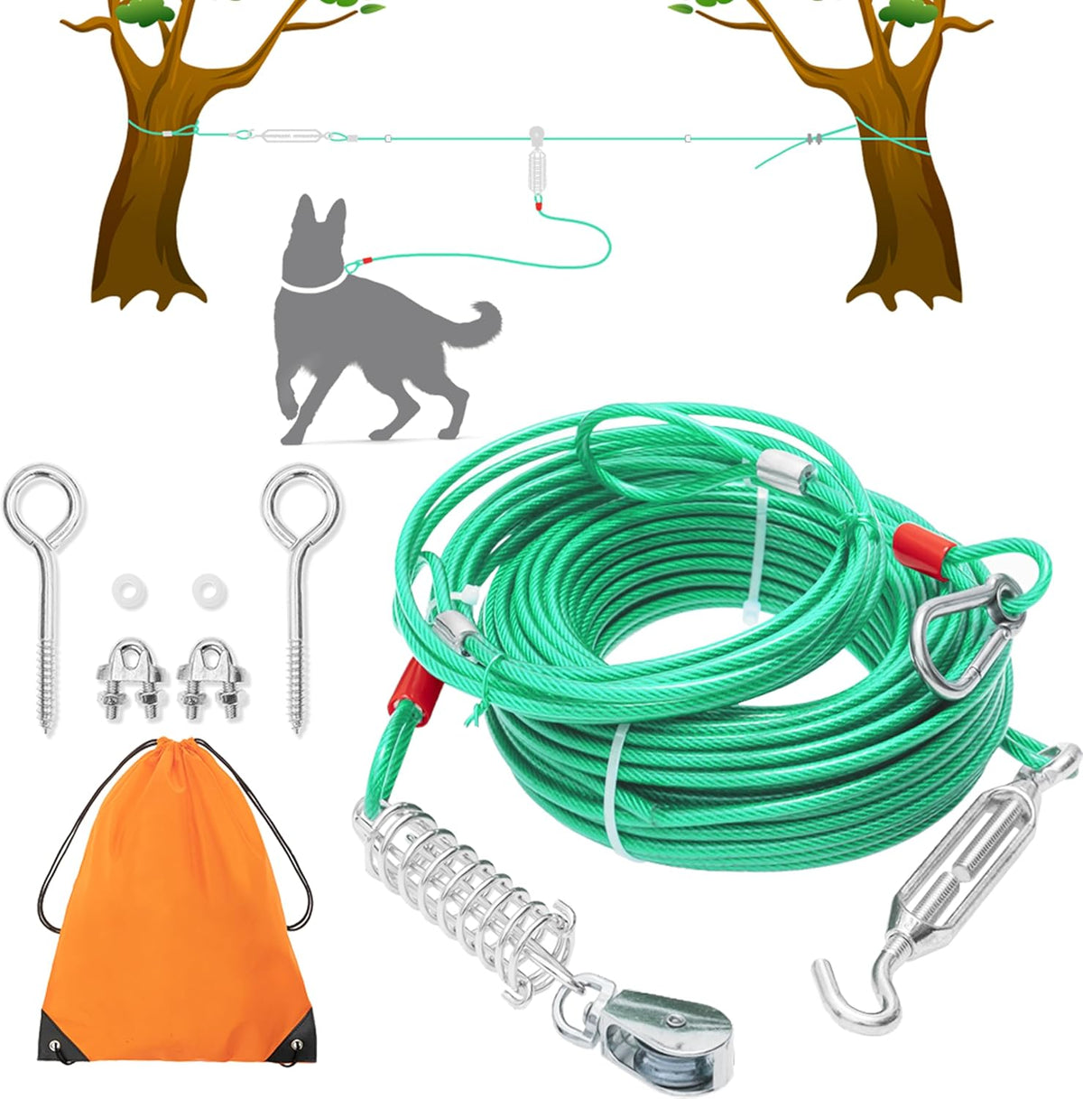 PAWNISAW Dog Runner Cable for Yard - Green / 100 FT