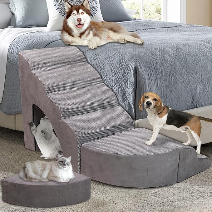 Foam Dog Stairs & Steps Ramps for High Beds 30 inches Tall for Small Dogs and Cats, LitaiL 6 Step Pet Stairs Steps for High Beds 30 inch Large Dogs, Non-Slip Dog Ramps for Older Cat