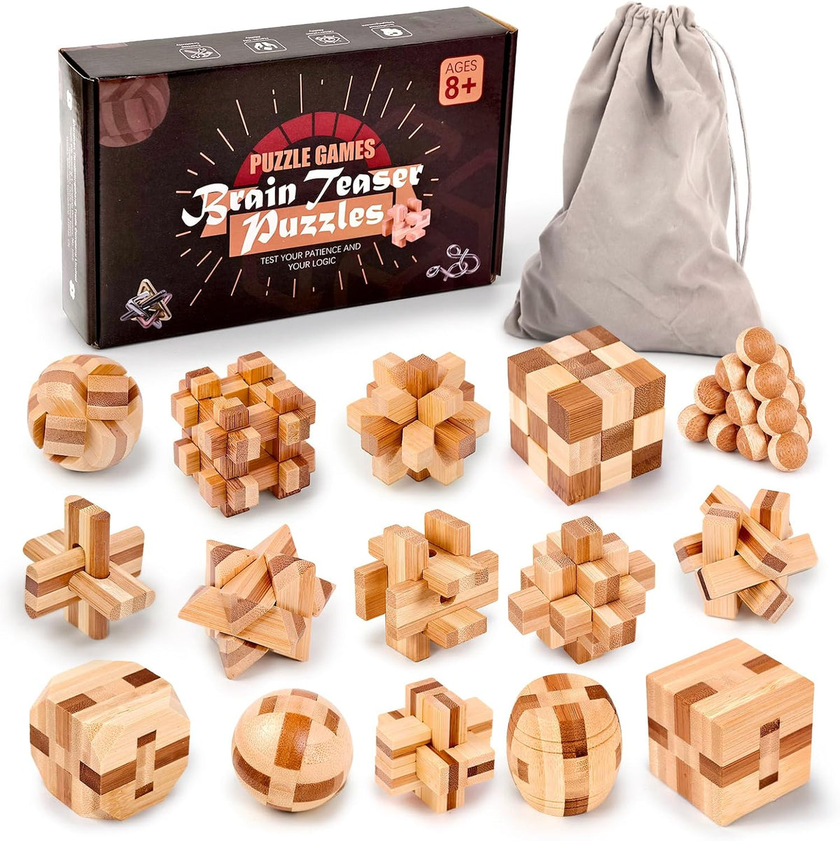 VolksRose 12pcs Wooden Brain Teaser Puzzles - A-15pcs-4.7cm