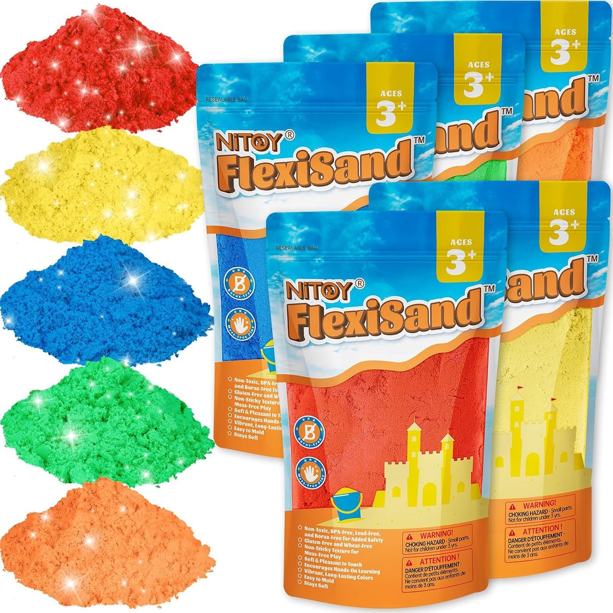 NiToy FlexiSand 11lbs Toy Sand 5 Colors Self-Sticking Non-Toxic - Vibrant Colors