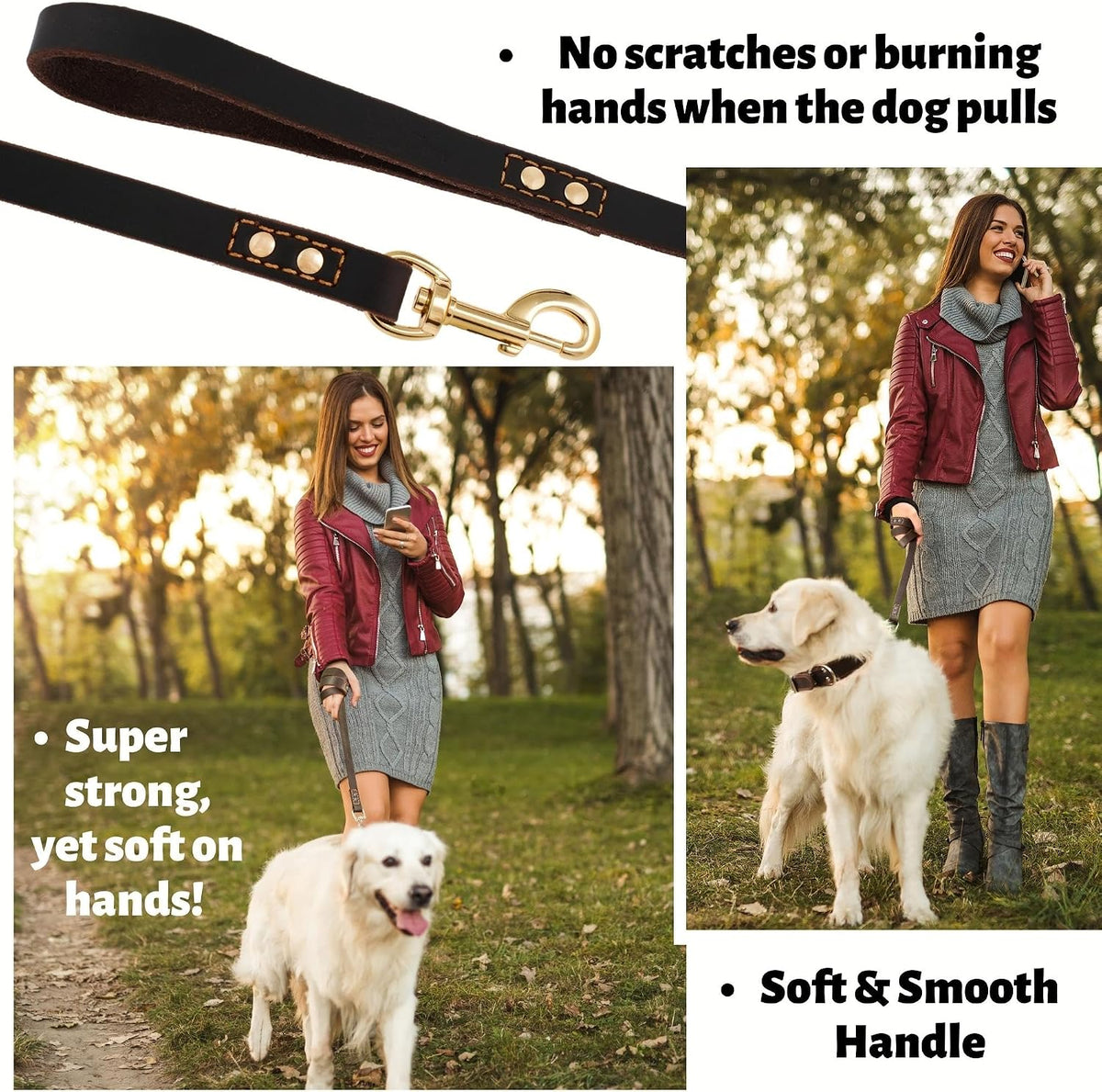 ADITYNA Leather Dog Leash for Large, and Small Dogs - L - 6 ft x 3/4 inch / Brown - Gold Colored Clasp - image 3