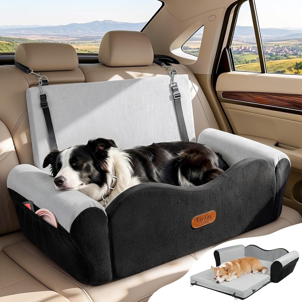 Dog Car Seat for Medium Dogs Up to 60 lb, Thick Cushion - Black & Gray / XL