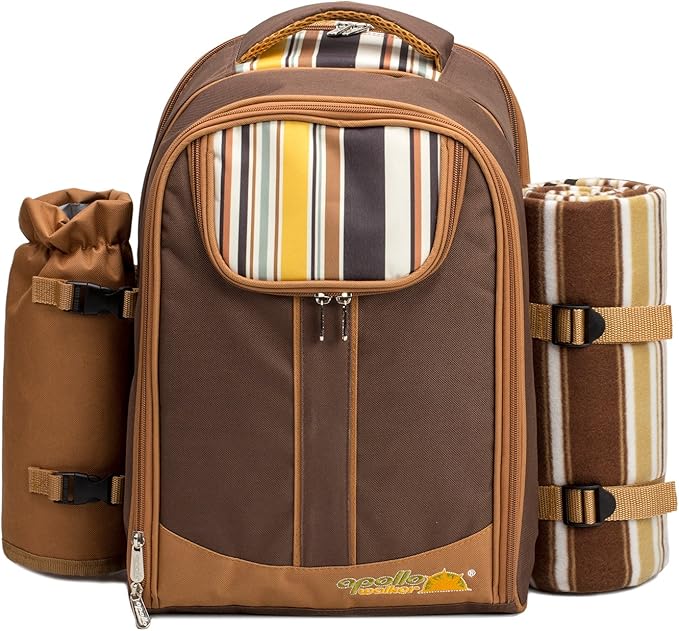 apollo walker Picnic Backpack Bag for 2 Person with Cooler Compartment, Detachable Bottle/Wine Holder, Fleece Blanket, Plates and Cutlery(2 Person, Brown)