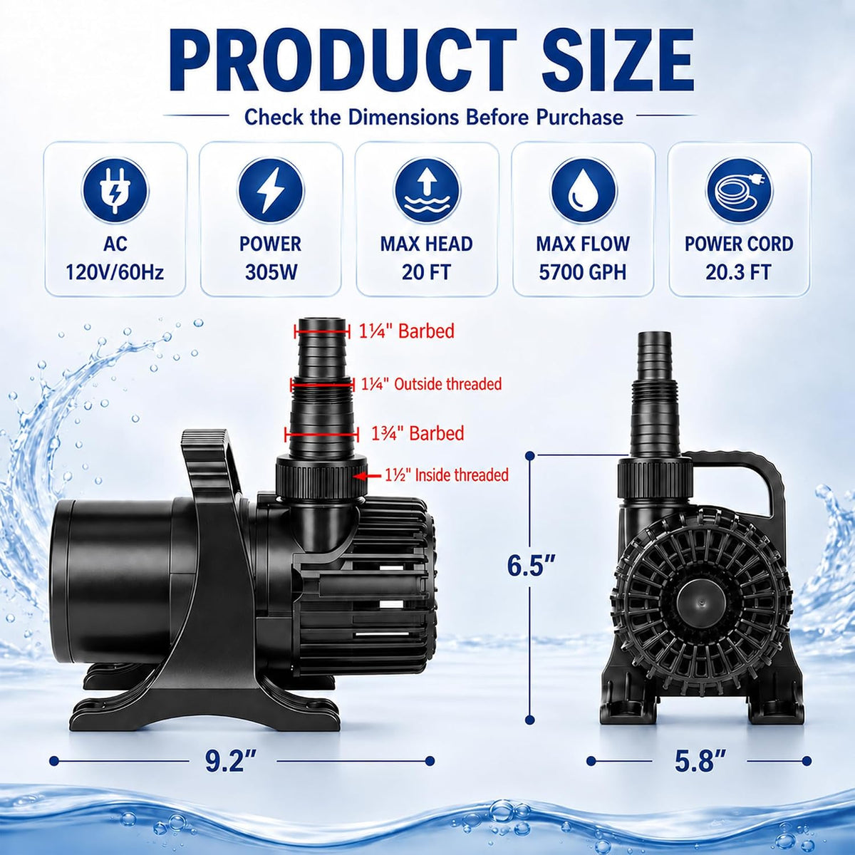 350W 7000 GPH Pond Pump, Ultra Quiet Heavy Duty Submersible Water Pump for Koi Ponds, Fountains - 5700GPH-305W - image 2