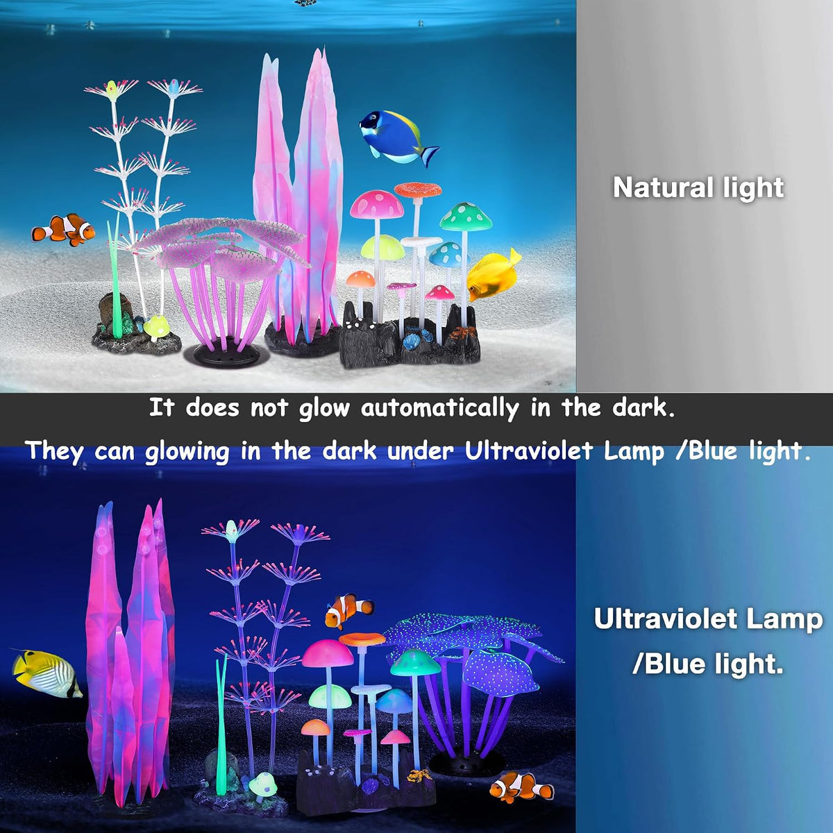 4 Pack Glow Aquarium Decorations Coral Reef Glowing Mushroom Anemone - 4 Pcs(branch Coral+coral+mushrooms+seaweed) - image 2