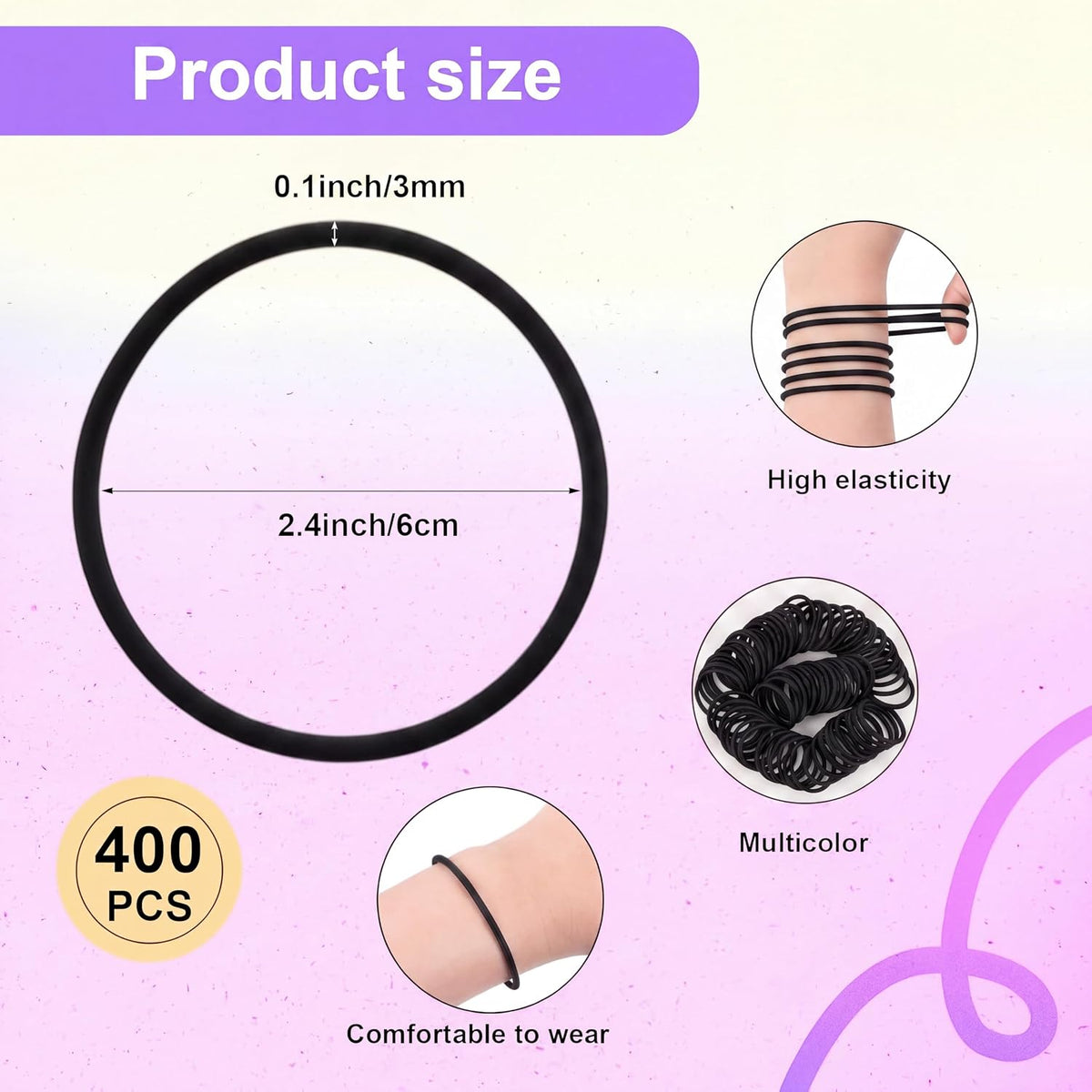 Hotop 100 Pcs Multicolor 80s Silicone Jelly Rubber Bracelets Hair Tie - Black / 200 - image 3