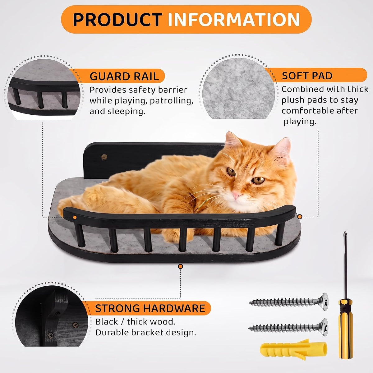 Cat Wall Shelves, Modern Cat Wall Furniture for Indoor Cats - Large / Black, 3 Steps + Perch - image 2