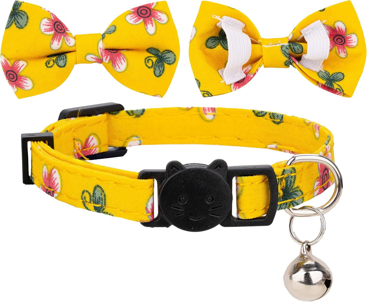 Collar for Cat Pet Breakaway with Bell Bowtie Detachable Bow - Flower-Blue & Yellow - image 4