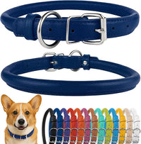 CollarDirect Rolled Leather Dog Collar, Soft Padded Round Puppy Collar, Handmade Genuine Leather Collar Dog Small Large Cat Collars 13 Colors (13-16 Inch, Deep Blue Textured)