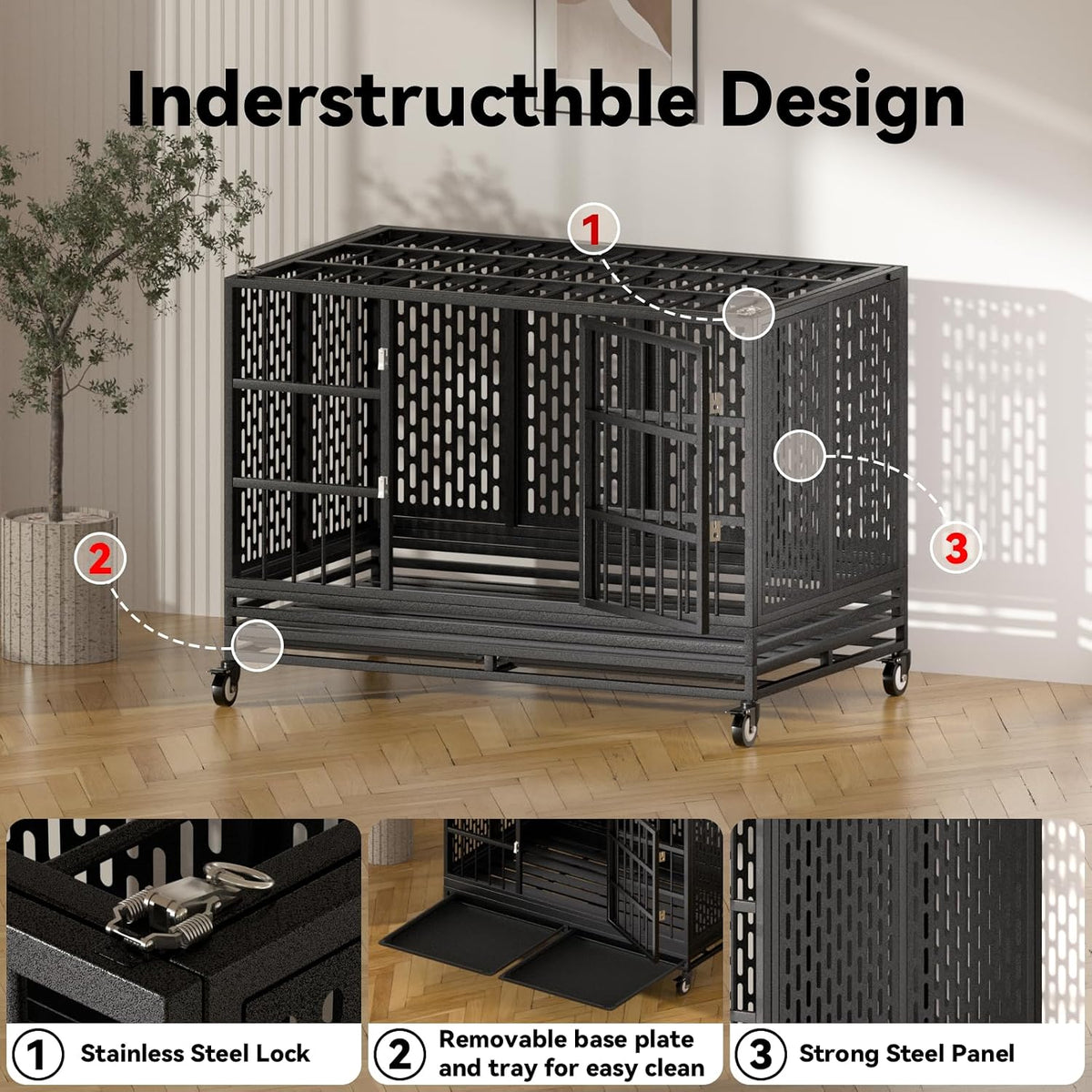 48 Inch Heavy Duty Dog Crate with Wheels - 47.2"L x 28.9"W x 30.9"H - image 4