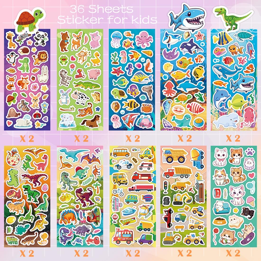 KARSLORA cute stickers for kids, 36 sheets of animal, fruit and dinosaur vinyl stickers - view 7