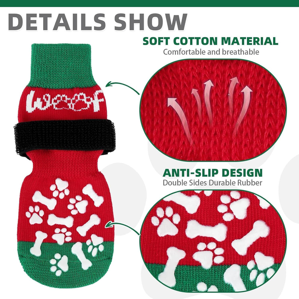 Dog Socks Shoes for Hot Pavement to Prevent Licking Paws - Red&green With Woof / X-Large (4 Pack) - image 3