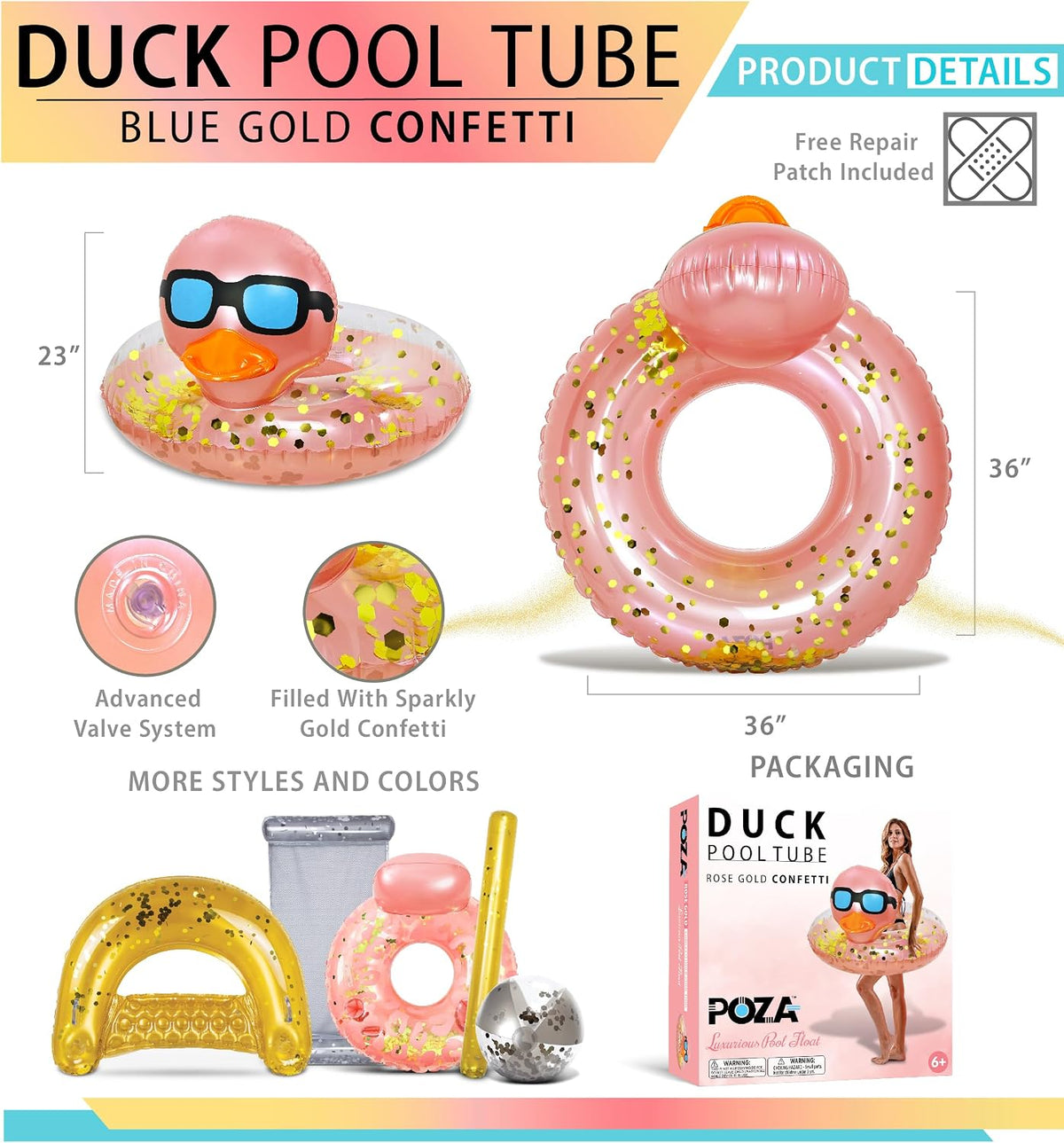 POZA inflatable duck pool float tube with gold confetti, sunglasses and orange beak - view 22