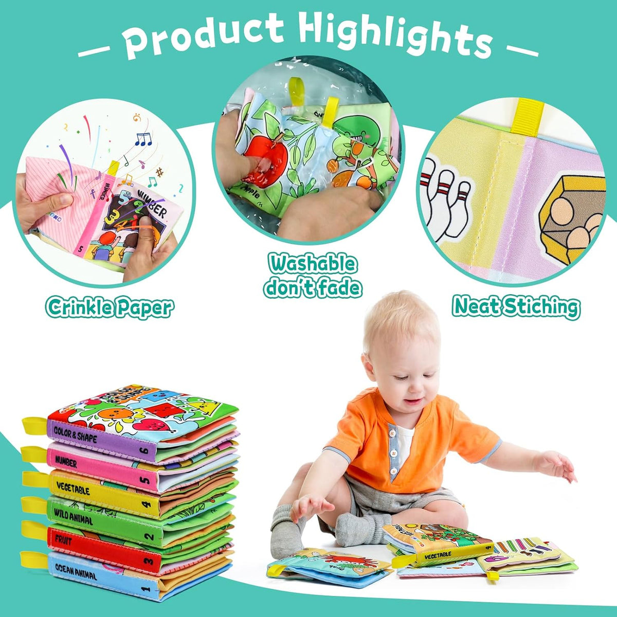 OKOOKO 6 Pack Soft Baby Book, Bath Toy, Soft Cloth Book - image 3