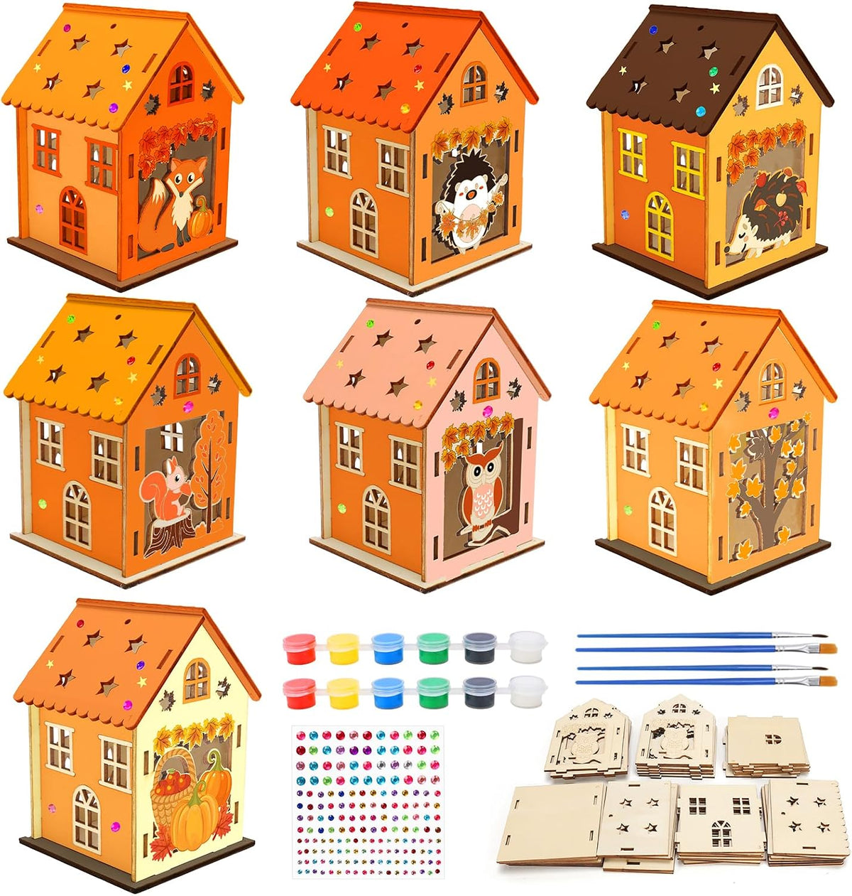 Fennoral 7 pack wooden 3D pumpkin house craft kit for kids Halloween decorating