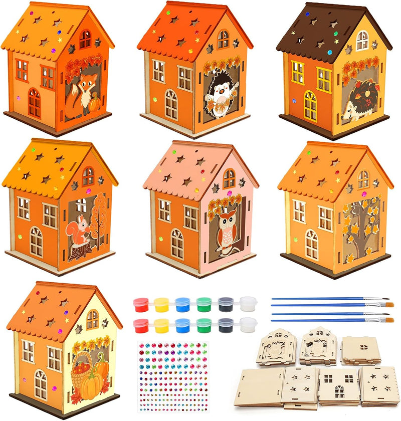 Fennoral 7 pack wooden 3D pumpkin house craft kit for kids Halloween decorating