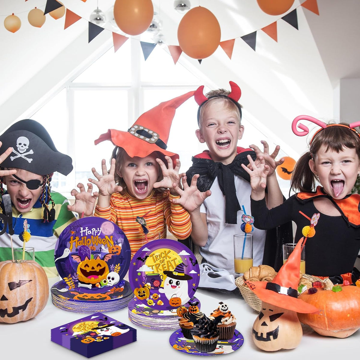 PERFQU 150-piece Halloween plates and napkins set with pumpkin and ghost prints - view 7