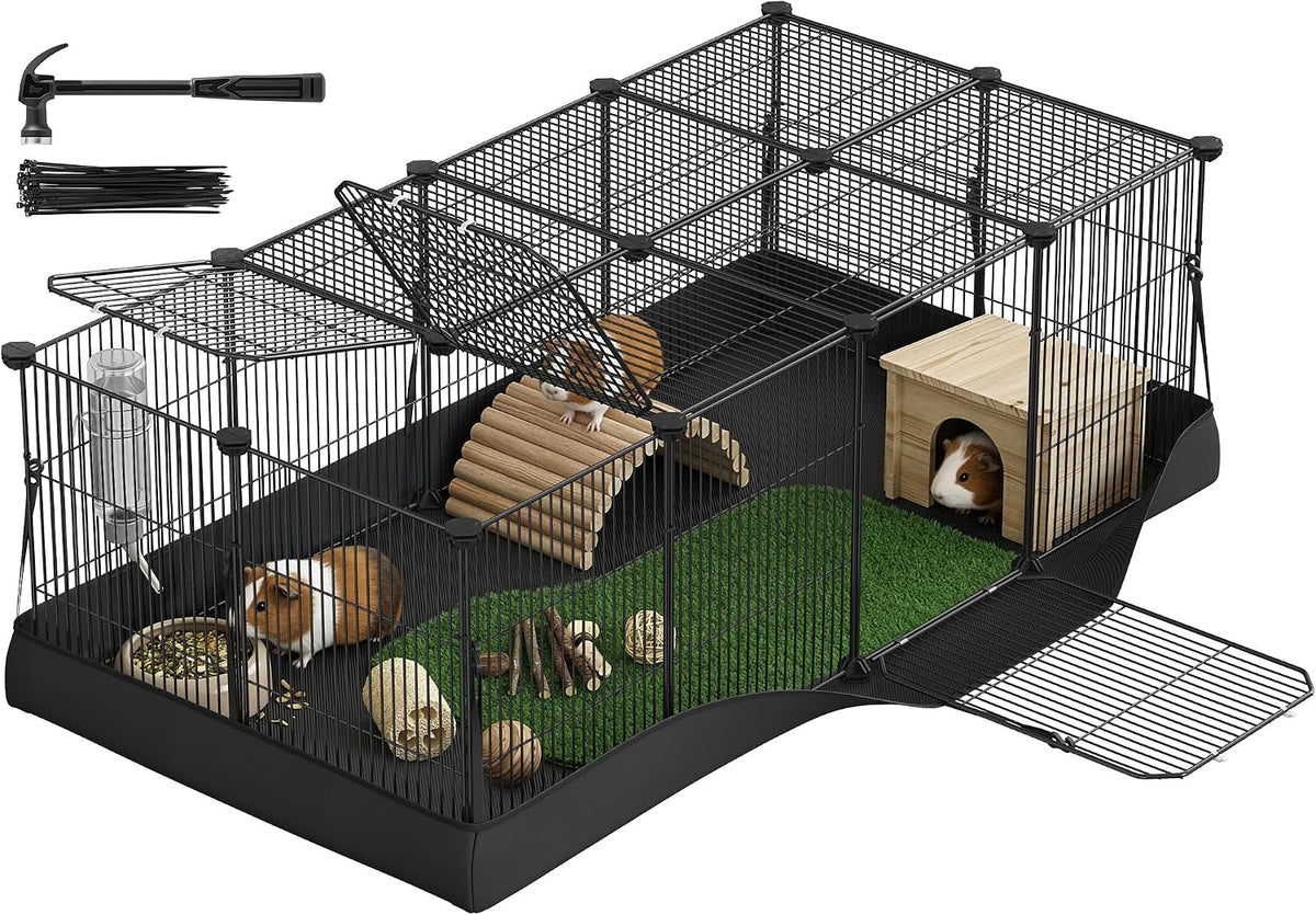 SONGMICS Pet Playpen with Floor, Small Animal Playpen – Essentials for Small Pets - Ink Black / 20 Panels - 48.4"L x 24.8"W x 16.3"H