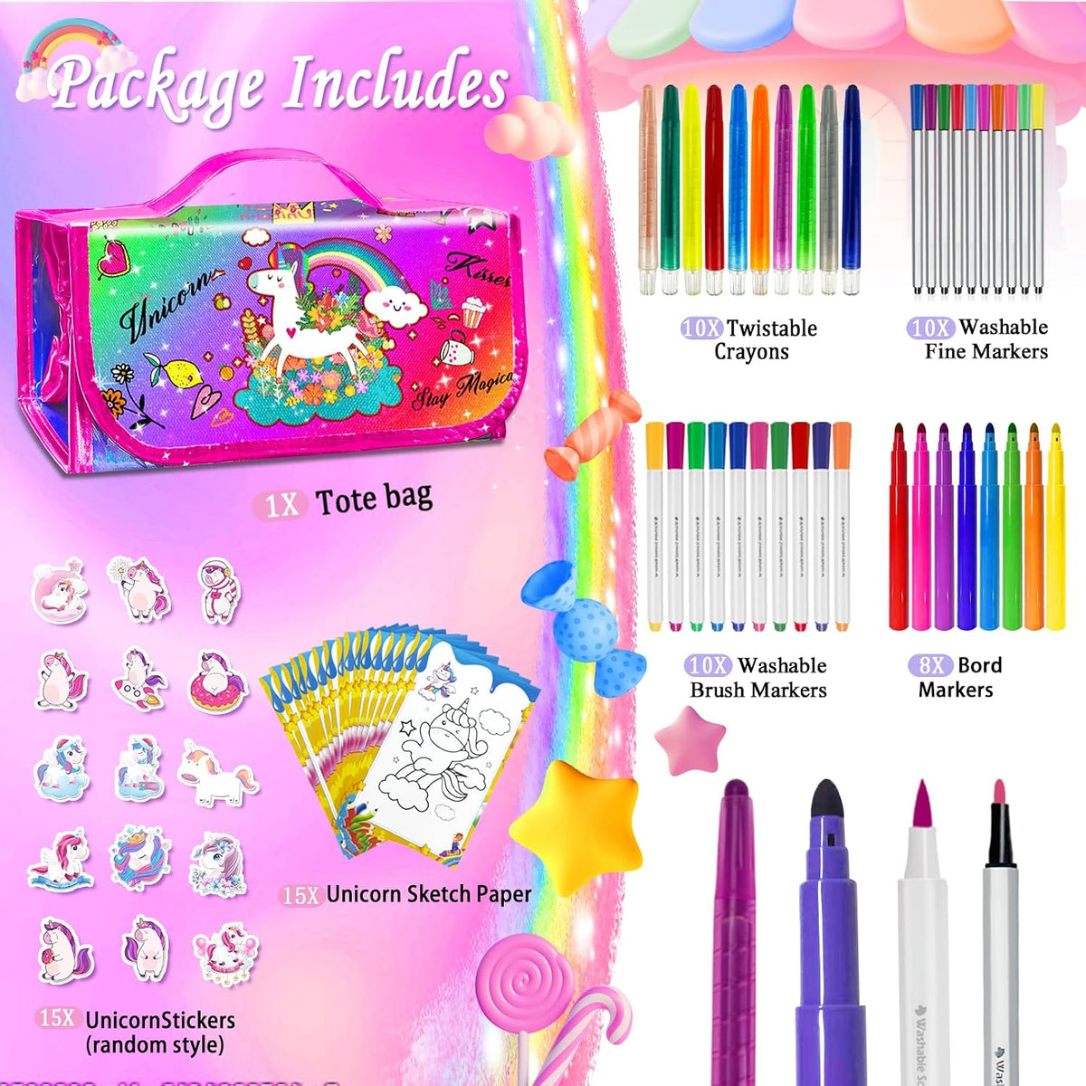 weirtoya 56 PCS Washable Scented Markers Set with Glitter Pencil Case - Colorful Unicorn - image 2