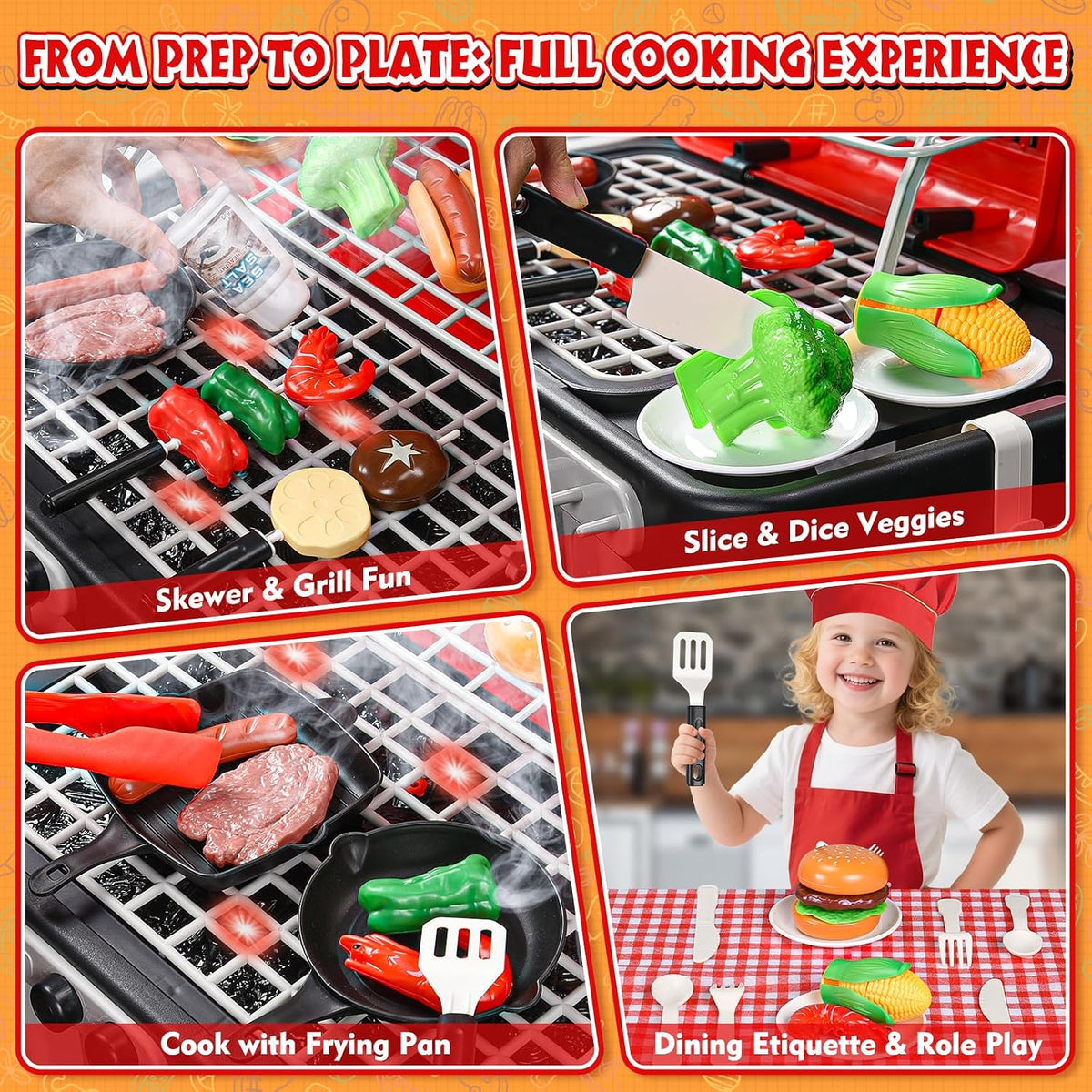 Upgraded Kids Grill Playset, Interactive BBQ Toys - Red Grill - image 4