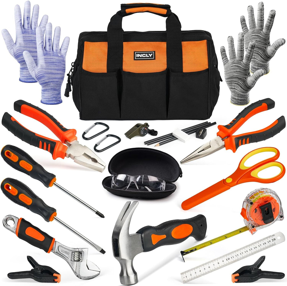 INCLY 24 PCS Kids Real Tool Set with Tool Bag - Orange