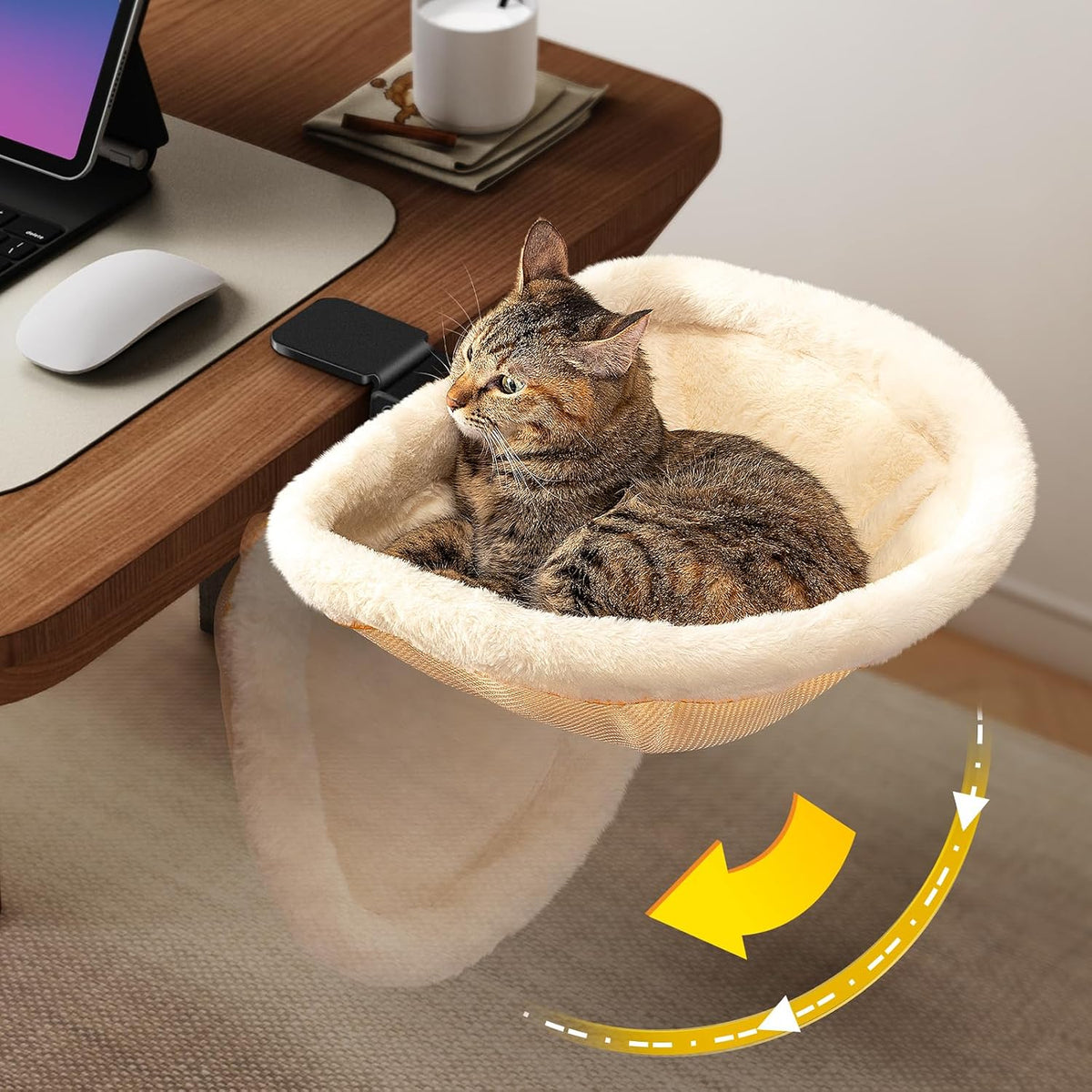 Cat Desk Bed, One-Click Folding - Cream / Faux Rabbit Fur