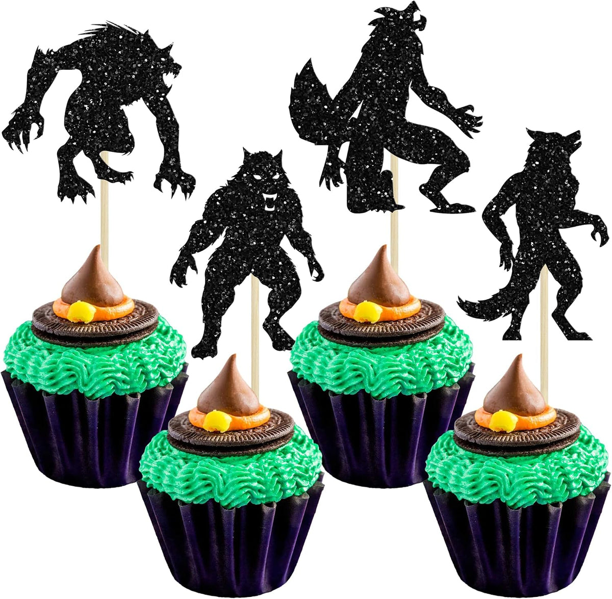 Gyufise black glitter Halloween happy birthday cake topper with half moon, house, pumpkin, ghost and - view 9